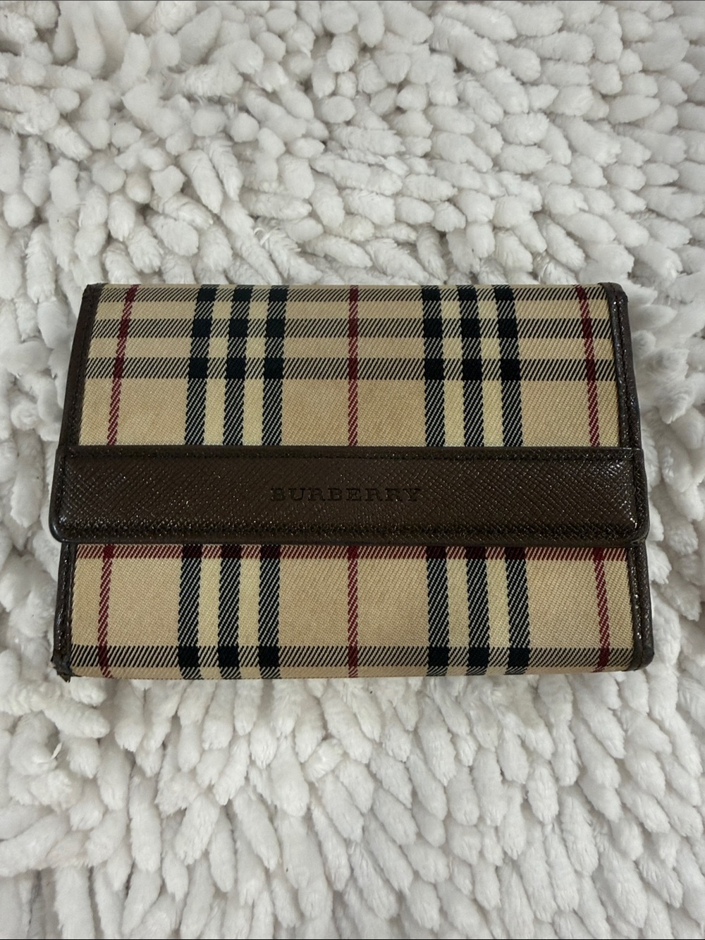 Burberry Beige Vintage Check Card Holder with Brown Leather Trim
